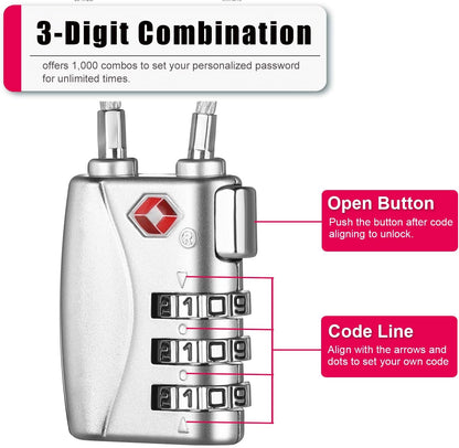 ZHEGE TSA Lock for Luggage 3 Digit Combination Cable Lock with Alloy Body for Suitcase, Baggage, Backpack, Pistol Case (Silver)