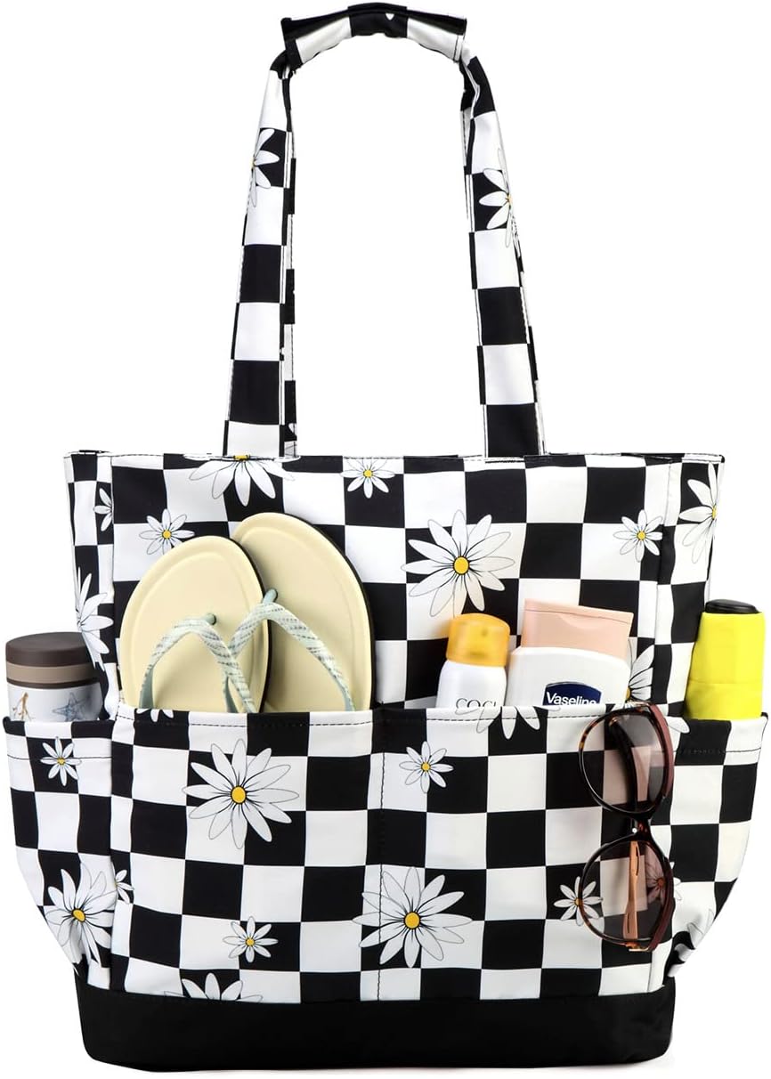 VASCHY Beach Bag for Women, Large Waterproof Sandproof Fold-able Packable Pool Tote Bag w Zipper/Pockets