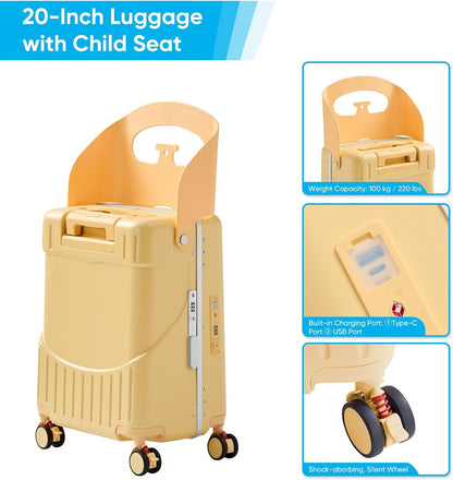 20 Inch Ride on Luggage With Seat For Kids&Adults,with Front Pocket, Foldable Seat Back TSA Approved Lock, 360° Spinner Wheels(20 inch,Yellow)