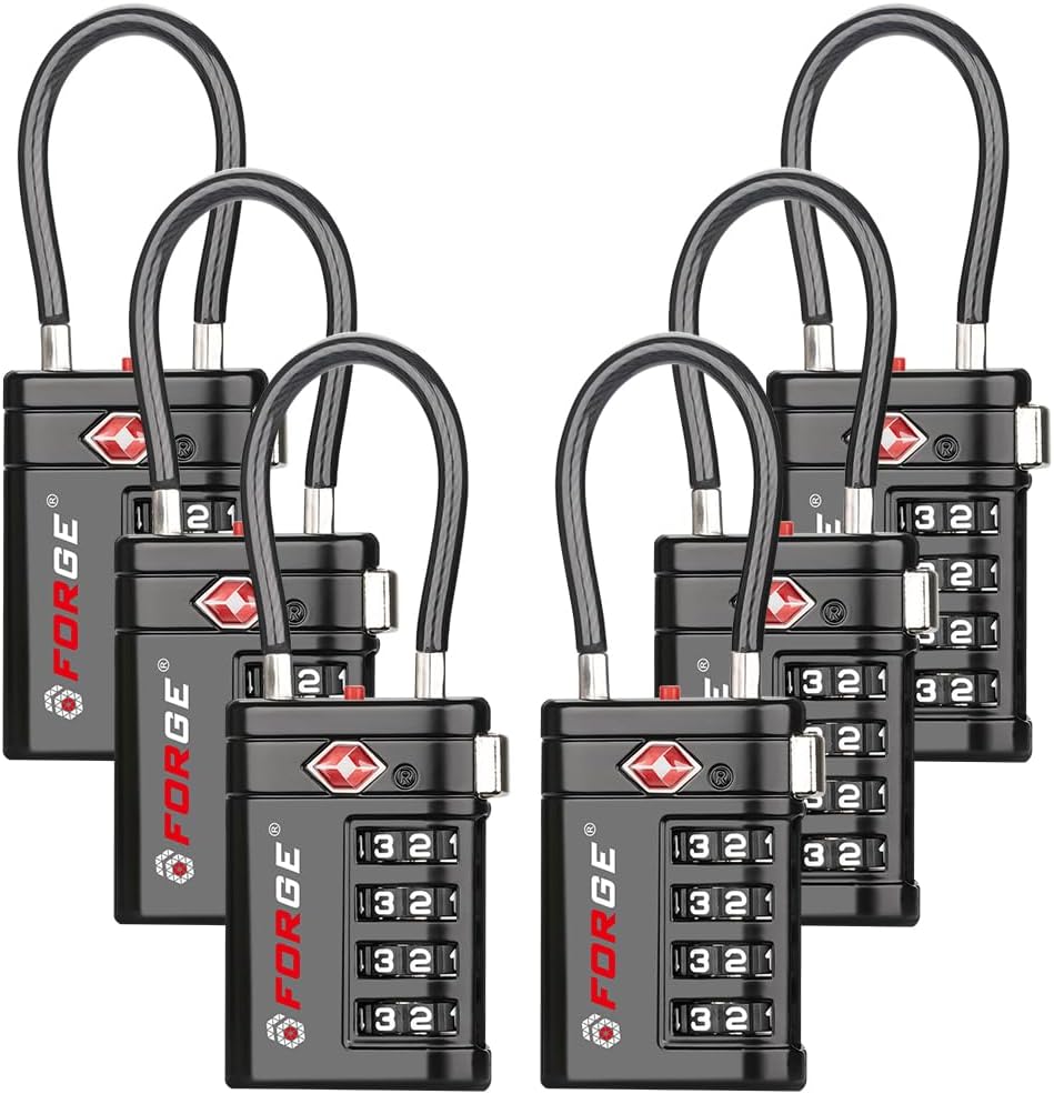 Forge TSA Approved Luggage Locks 4 Digit Combination TSA Travel Locks with TSA008, Open Alert Indicator, Zinc Alloy Body for Luggage, Suitcase, Backpack, and More. Black 6 Locks.
