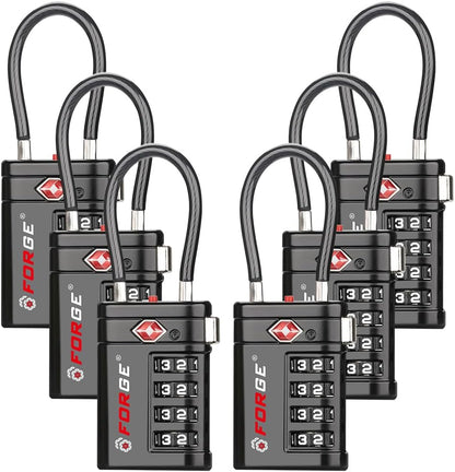 Forge TSA Approved Luggage Locks 4 Digit Combination TSA Travel Locks with TSA008, Open Alert Indicator, Zinc Alloy Body for Luggage, Suitcase, Backpack, and More. Black 6 Locks.