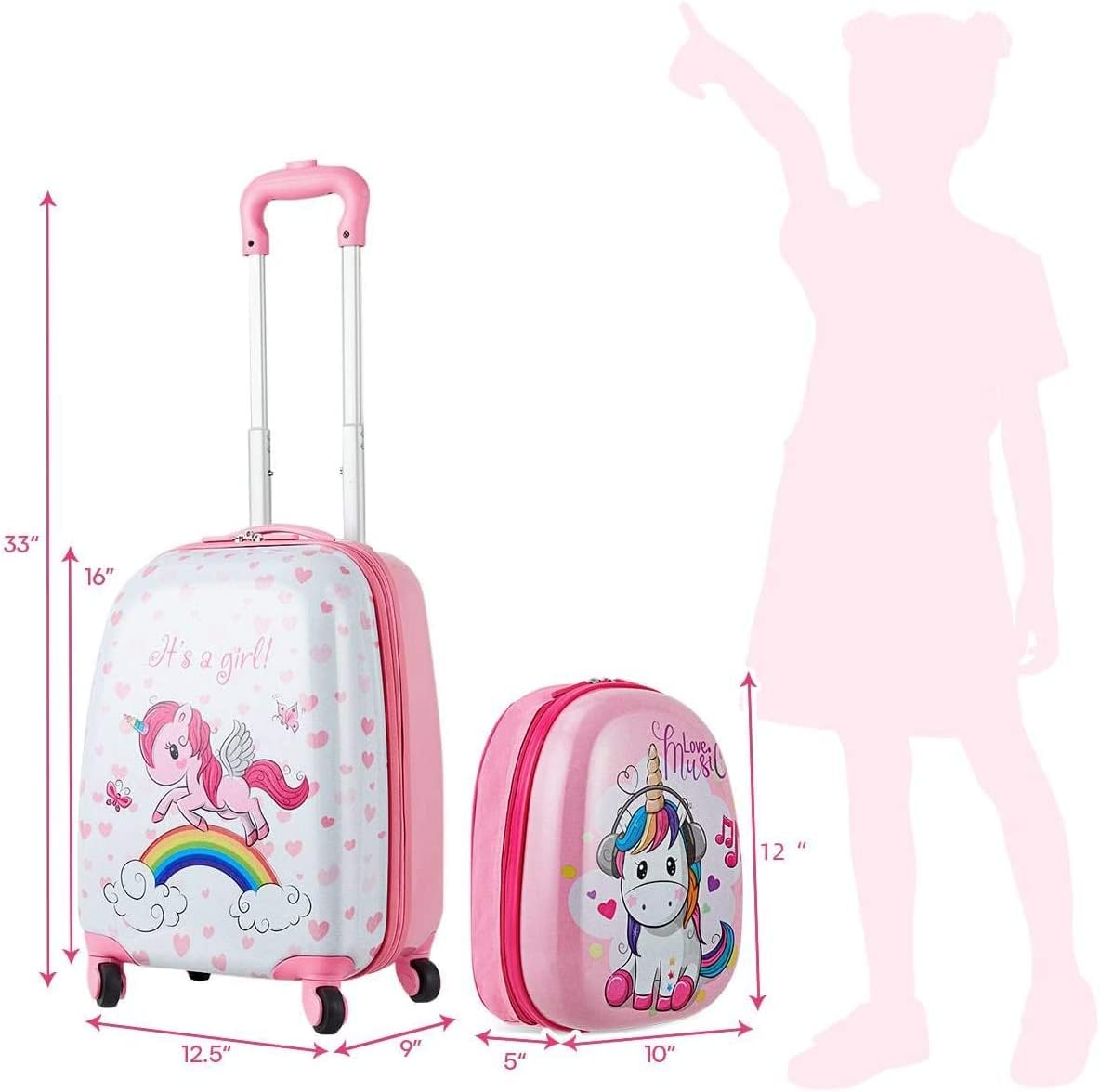 HONEY JOY Kids Luggage, 12" Toddler Backpack & 16" Travel Suitcase with Wheels, Lightweight Toddler Girls Suitcase, Durable ABS Hardshell, 2Pcs Carry On Luggage Set for Boys Girls(Unicorn)