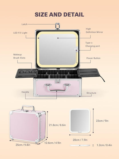 Qislee Makeup Box with A Detachable Lighted Mirror, Waterproof Travel Train Case, Cosmetic Organizer and Makeup Suitcase with Adjustable Dividers, Magnetic LED Mirror(Icy Pink)
