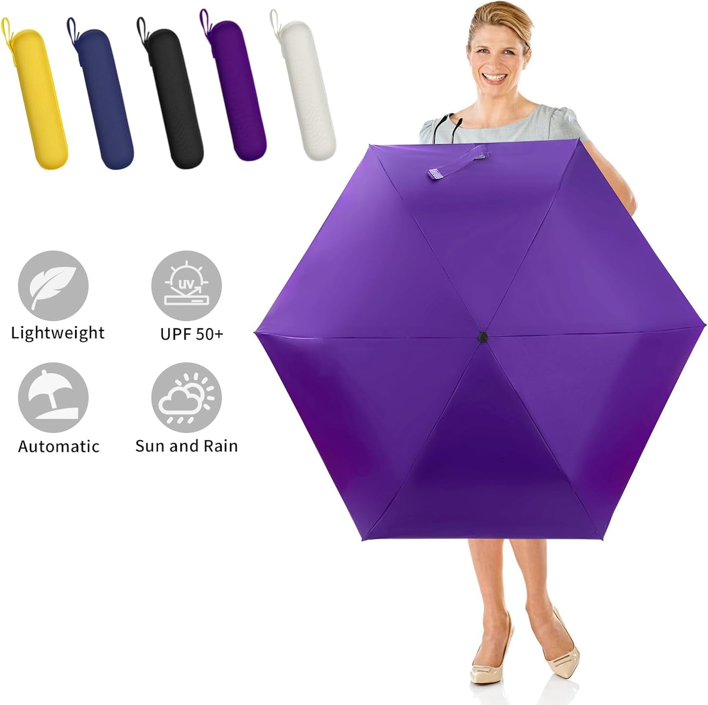 GAOYAING Compact Automatic Travel Umbrella with Case, Mini Small Folding Sun UV, Pocket Purse Umbrella