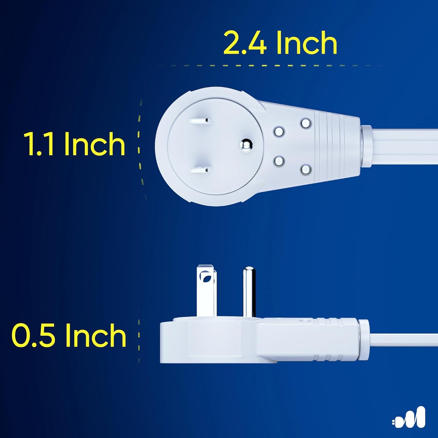 Maximm Cable 1 Ft 360° Rotating Flat Plug Extension Cord/Wire, 16 AWG Multi 3 Outlet Extension Wire, 3 Prong Grounded Wire - White - UL Certified