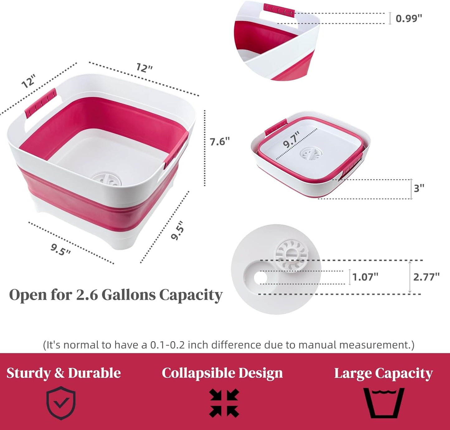 Collapsible Dish Basin, Wash Basin for Baby Bottles, Foldable Wash Tub for Kitchen, RV Camping Sink, Outdoor Kitchen, Sturdy & Easy to Clean (Magenta)