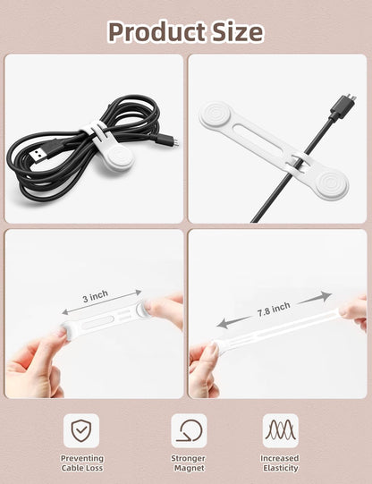 Kanemc 8 Pack Magnetic Twist Ties, Silicone Magnet Cable Tie Reusable Cord Strap For USB Earphone Charger Video Game Cables (2White+4Gray+2Blue)