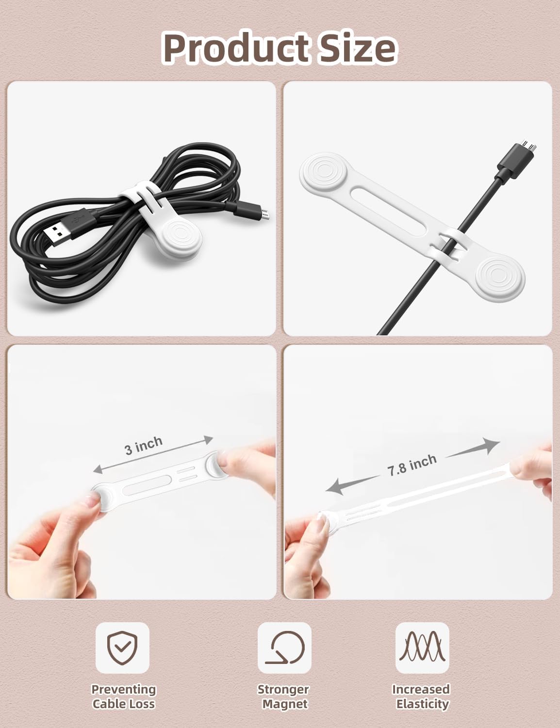 Kanemc Magnetic Ties For Cords, Cord Wrap Silicone Zip Ties Twist Ties Magnet Strap For Charging Cords Date Cable Earphone Video Game USB (8-Pack, Black And White)