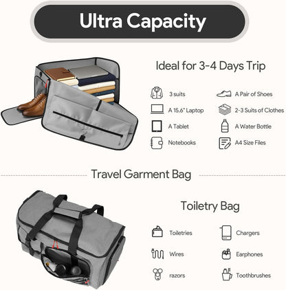 Garment Duffle Bags for Travel, HOMQUIET Convertible Garment Duffel Bag, All YKK Zippers Carry On Garment Bags, 2 in 1 Hanging Waterproof Suit Travel Bag with Shoe Compartment, for Men Women, Grey