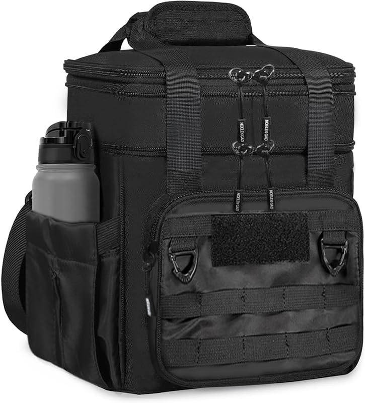 Expandable Insulated Lunch Box for Men & Women - Tactical Cooler Lunch Bag, Keeps Food Hot or Cold 8 Hours, Large Capacity with Water Bottle Holder & Shoulder Strap (Black)