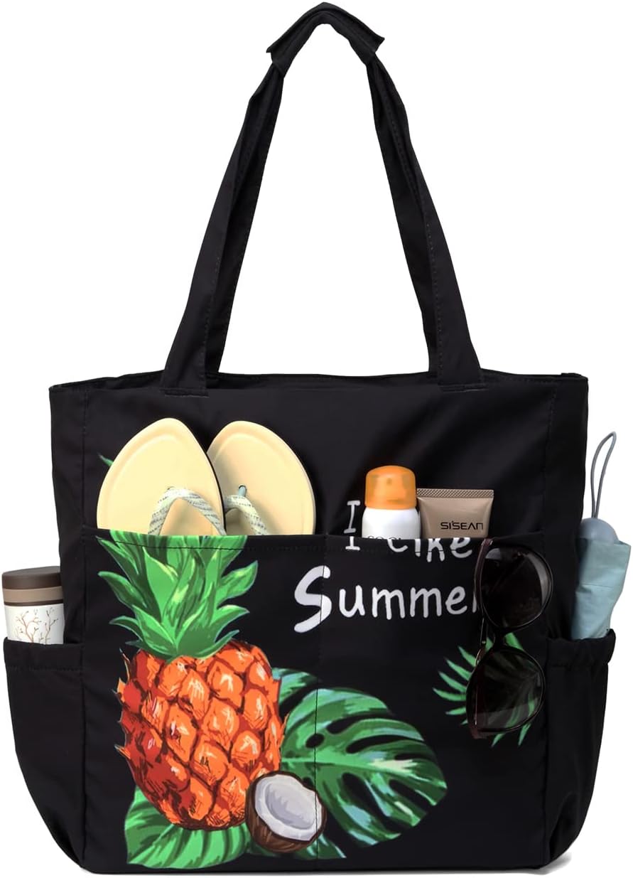 VASCHY Beach Bag for Women, Large Waterproof Sandproof Fold-able Packable Pool Tote Bag w Zipper/Pockets