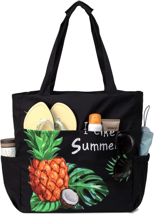 VASCHY Beach Bag for Women, Large Waterproof Sandproof Fold-able Packable Pool Tote Bag w Zipper/Pockets