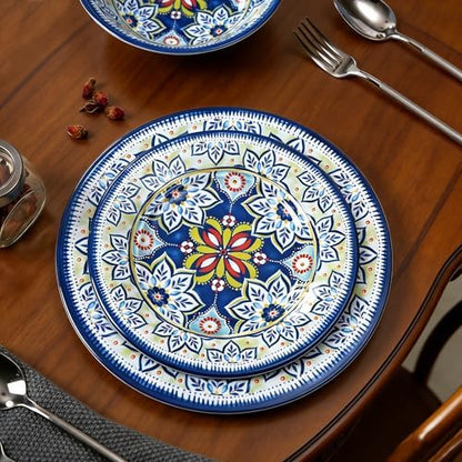 12-Piece Blue Melamine Dinnerware Set, Service for 4, Unbreakable Kitchen Plate and Bowl Set for Indoor & Outdoor Use, Lightweight and Durable, Great for Camping, Picnics, Parties and RVs