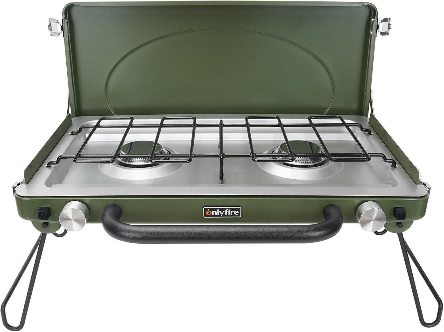 ONLYFIRE Portable Camping Stove 2-Burner, Propane Camp Stove with Foldable Legs, Camping Grill Stove with Adjustable Burners, Heavy-Duty Latch & Handle for Camping Tailgating RV BBQ, Green