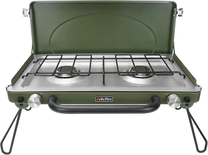 ONLYFIRE Portable Camping Stove 2-Burner, Propane Camp Stove with Foldable Legs, Camping Grill Stove with Adjustable Burners, Heavy-Duty Latch & Handle for Camping Tailgating RV BBQ, Green