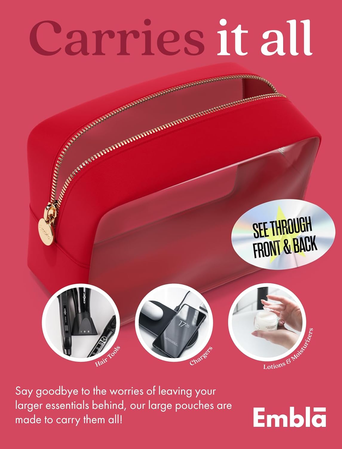 Clear Makeup Bag Zipper Pouch, Transparent Cosmetic Case Organizer, TSA Approved Travel Toiletry Case, Travel Accessories Essentials Makeup Tote for Women, Large Cute Make up Bag for Purse - Ruby