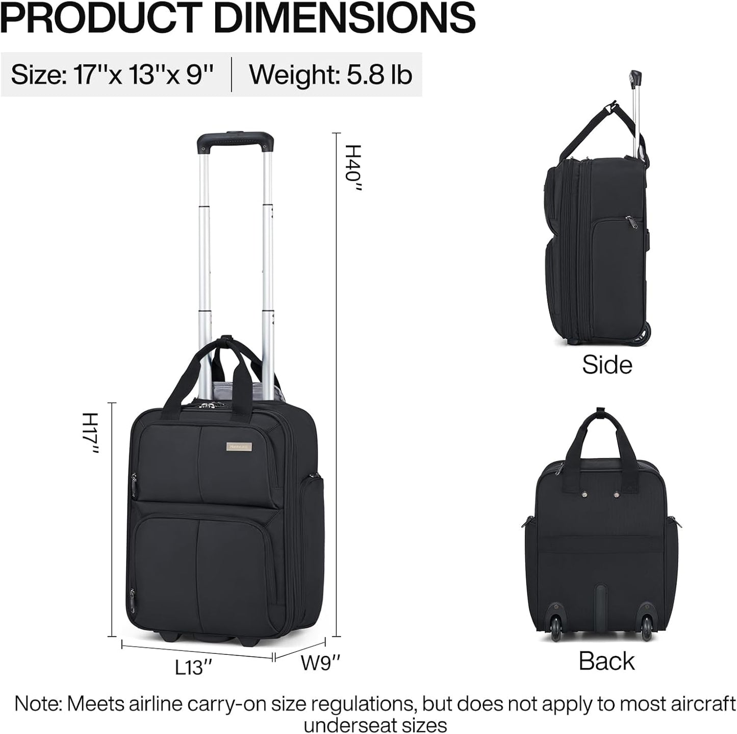 Hanke Softside Expandable Underseat Carry On Luggage for Airplanes,Travel Luggage Rolling Bag Personal Item Bag Small Suitcase,Black,16-Inch
