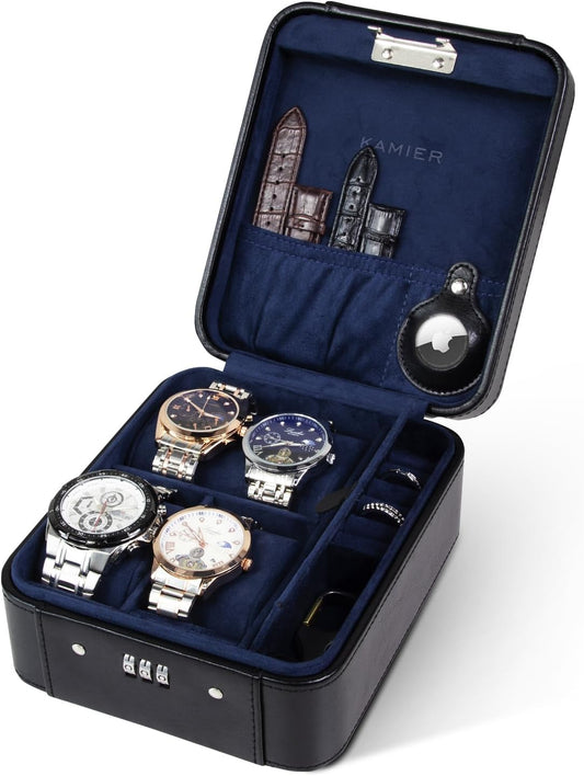 KAMIER Watch Case with Combination Lock - 4 Watch Storage and Jewelry Organizer - Watch Travel Case for Ring and Watch Storage, PU Leather Travel Watch Case, Ideal for Gift (With Gift Box),Black