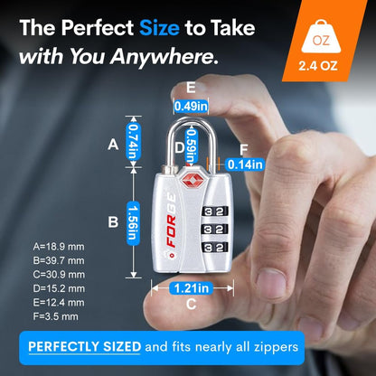 Forge TSA Luggage Combination Lock - Open Alert Indicator, Easy Read Dials, Alloy Body- Ideal for Travel, Lockers, Bags (Silver)