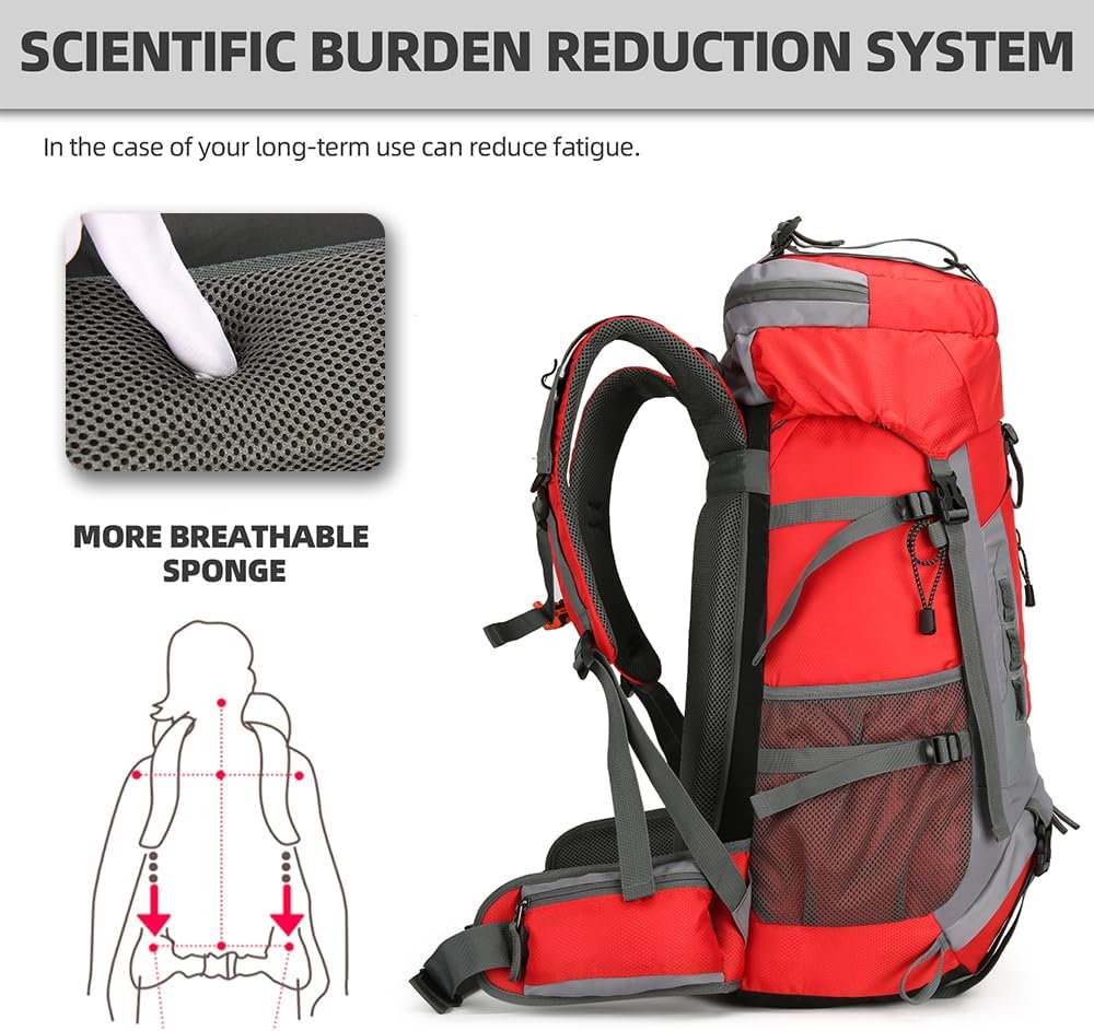 King'sGuard 60L Hiking Backpack Lightweight Camping Backpack with Rain Cover Large Waterproof Packable Outdoor Trekking Travel Backpack for Men Women (Red)