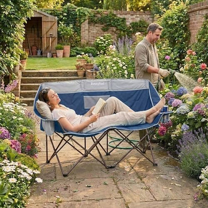 SunnyFeel Double Camping Loveseat Chair, Blue-Cooler, Foldable, Portable, Space Saving, Side Pocket, Cup Holders