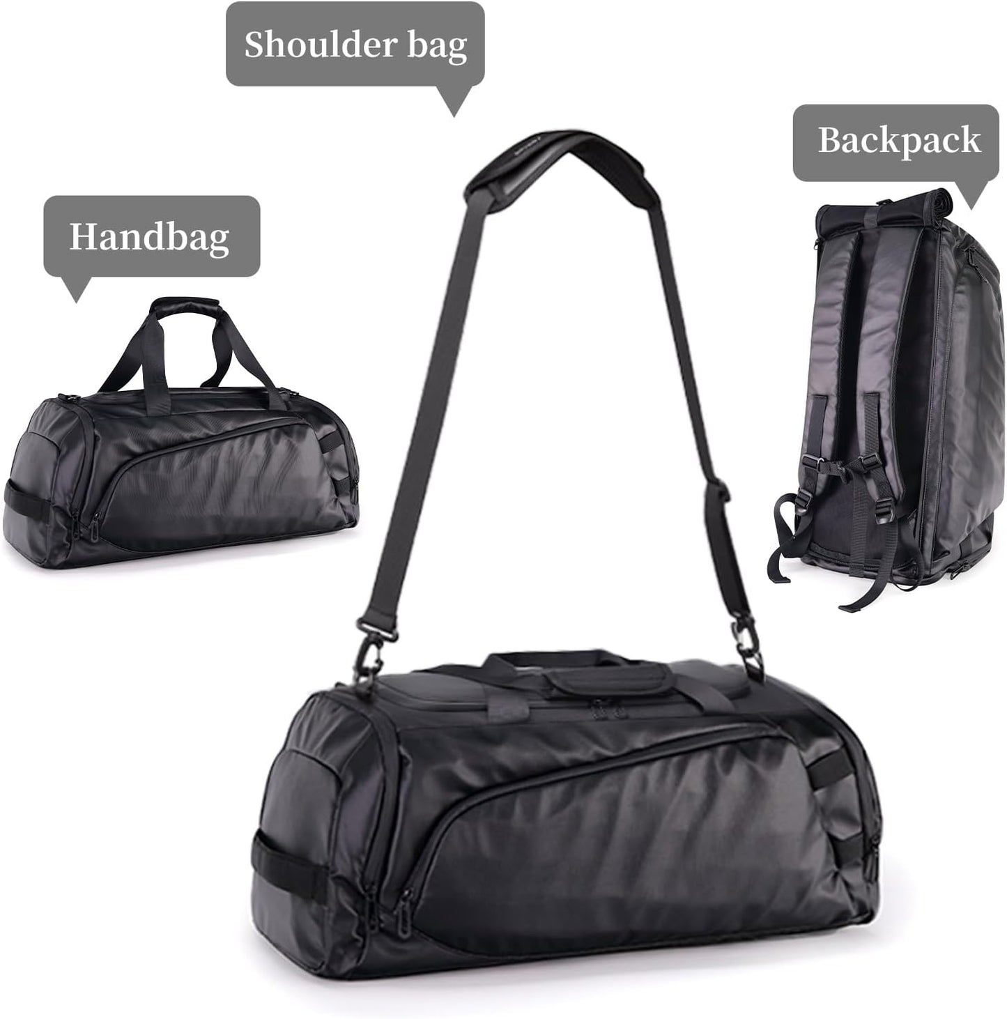 Duffle Bag for Travel, Carry on Gym Bag for Men, Waterproof Sport Bags with Shoe Compartment, 40L Lightweight Weekender Bag for Camping, Hiking, Trips - Black (Basic)