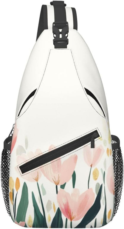 SUPLUCHOM Sling Bag Tulip Flower Watercolor Hiking Daypack Crossbody Shoulder Backpack Travel Chest Pack for Men Women