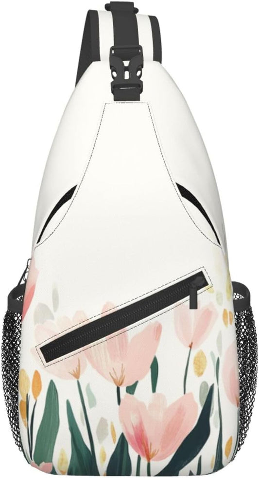 SUPLUCHOM Sling Bag Tulip Flower Watercolor Hiking Daypack Crossbody Shoulder Backpack Travel Chest Pack for Men Women