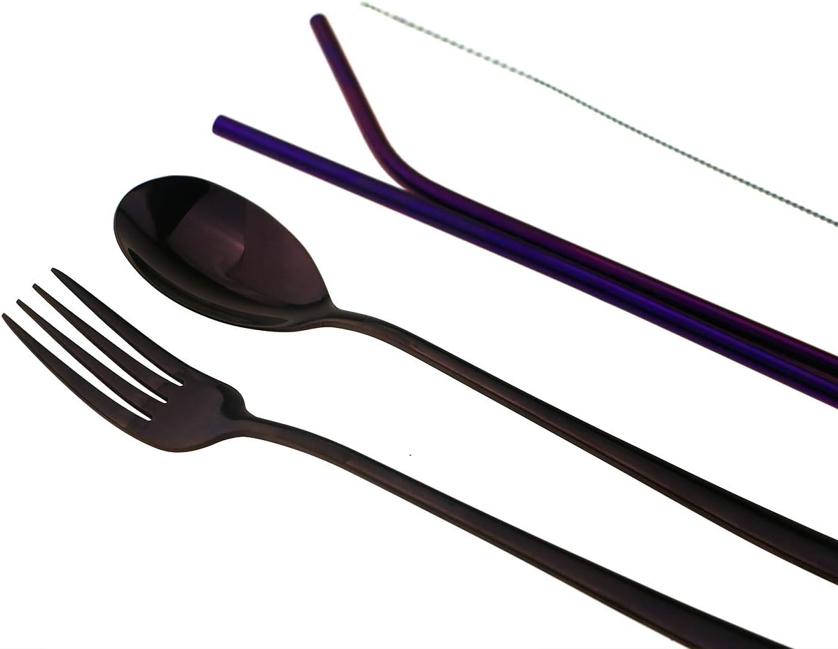 7 Pcs Portable Flatware Set, 304 Stainless Steel Cutlery Set Travel Utensils Set with Fork Spoon Chopsticks Straws for Travel Camping Office School, Dishwasher Safe & Eco-Friendly (Purple)