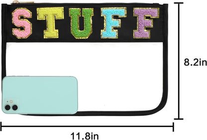 DYSHAYEN Chenille Letter Clear Zipper Pouch for Travel,Nylon Clear Cosmetic Bag,Makeup Travel Bag for Women Girls 11.8 Inches x 8.2 Inches