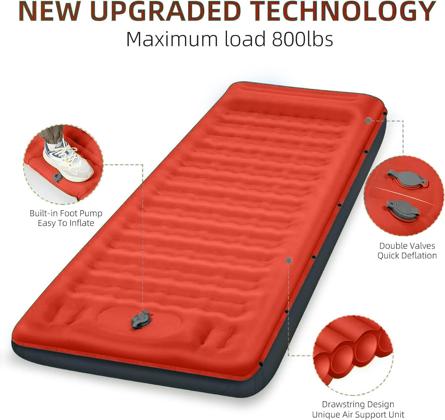 Camping Sleeping Pad, Extra Thick 5 Inch Camping Mat with Pillow Built-in Foot Pump Inflatable Sleeping Pads Compact for Camping Backpacking Hiking Traveling Tent（Orange-Black）