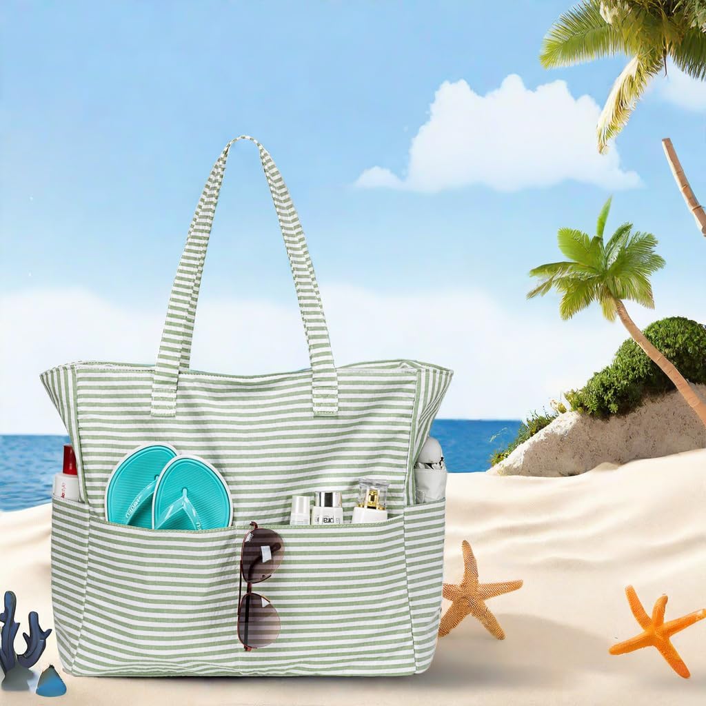 LEDAOU Large Beach Tote Bag Women Waterproof Sandproof Zipper Beach Tote Bag for Pool Gym Grocery Travel with Wet Pocket