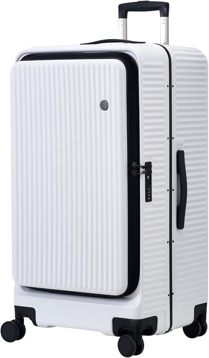 29 Inch Aluminum Checked Luggage with Side Opening Zipper, 40 * 37 * 77cm, 113L, Lightweight Hardshell ABS+PC Suitcase with TSA Lock, 360° Universal Wheels, White