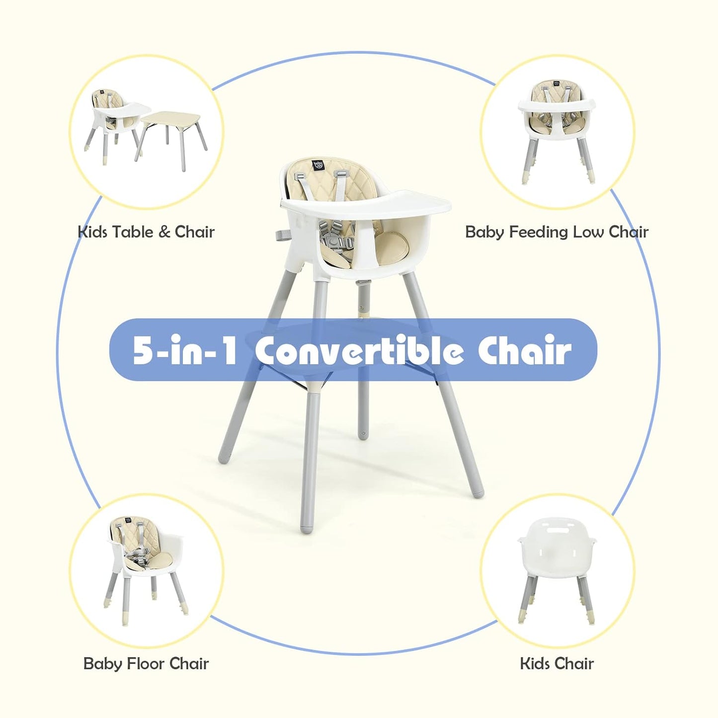 HONEY JOY 5-in-1 High Chair, Convertible Highchair for Babies and Toddlers/Kids Chair Table Set/Infant Feeding Chair w/Safety Harness, PU Leather Cushion & Removable Food Tray (Beige)