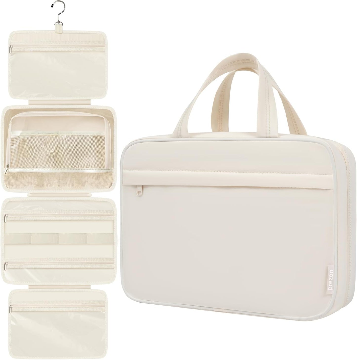 Toiletry Bag For women,Portable Hanging Organizer,4 Leakproof Compartment for full-sized Conditioner, Brushes Set, Makeup Accessories,Visible and easy to access.L-beige