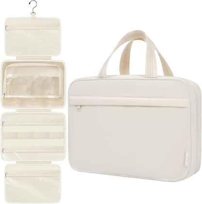Toiletry Bag For women,Portable Hanging Organizer,4 Leakproof Compartment for full-sized Conditioner, Brushes Set, Makeup Accessories,Visible and easy to access.M-beige