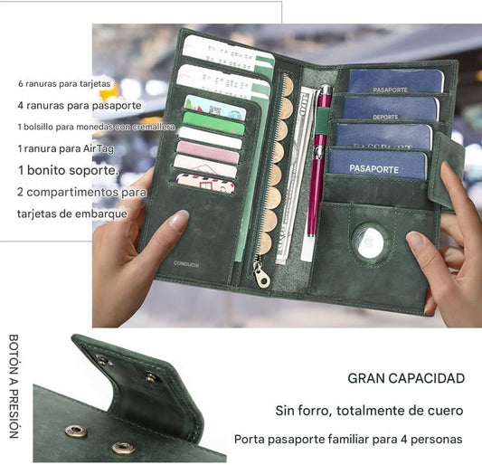 CONTACTS Full Grain Leather Family Passport Holder for 4 Airtag Passport Wallet RFID Blocking Travel Passport Cover with 4 Passport Slot, 6 Card Slot (Green)