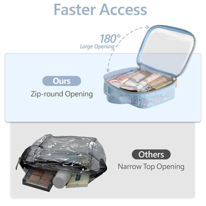 PACKISM Floral Texture Lace TSA Approved Toiletry Bag - 180° Large Opening Clear Makeup Bags in 2 Size, TSA Clear Toiletry Bag with Handle, 0.5 mm Thick Non-deformable No Smell, Blue