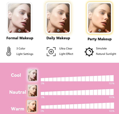 Travel Makeup Bag for Makeup Artists Large Makeup Case,with Mirror 3 Color Setting and Detachable 10x Magnifying Mirror Travel Makeup Bag,Portable Storage and Adjustable Dividers（Dark Pink）