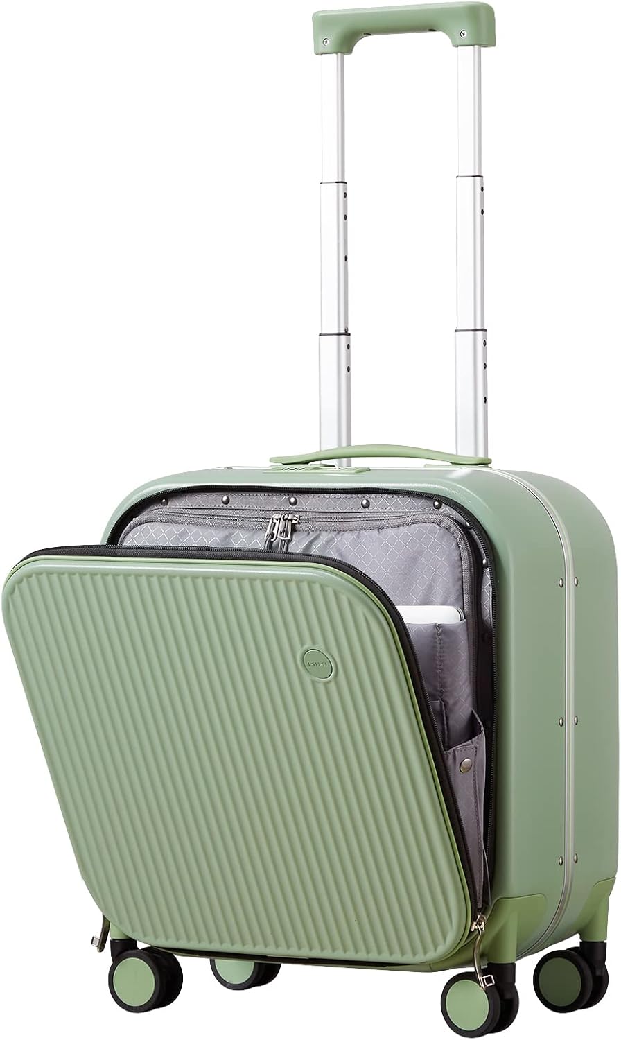 mixi Carry On Luggage, 18'' Suitcases with Spinner Wheels, Rolling Travel Suitcase with Front Laptop Pocket Luggage Aluminum Frame PC Hardside with TSA Lock and Cover, Avocado Green