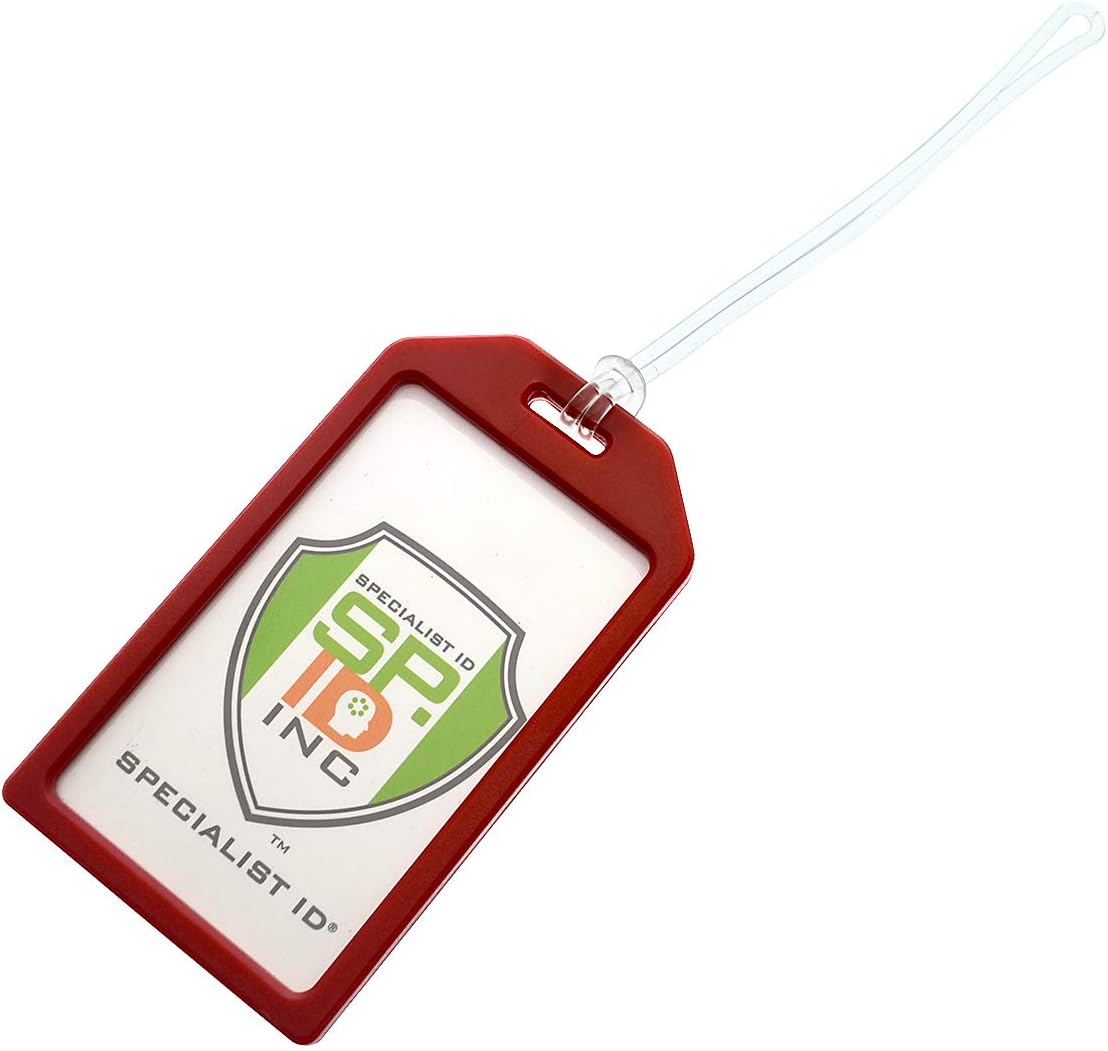 5 Pack - Premium Rigid Airline Luggage Tag Holders with 6" Worm Loops - Heavy Duty Hard Plastic -Suitcase ID Tag Identifiers with Business Card Insert Window by Specialist ID (Red)