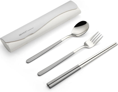DEVICO Portable Travel Utensils with Case, Reusable Camping Silverware for Lunch, 18/8 Stainless Steel Cutlery Set (Gray)