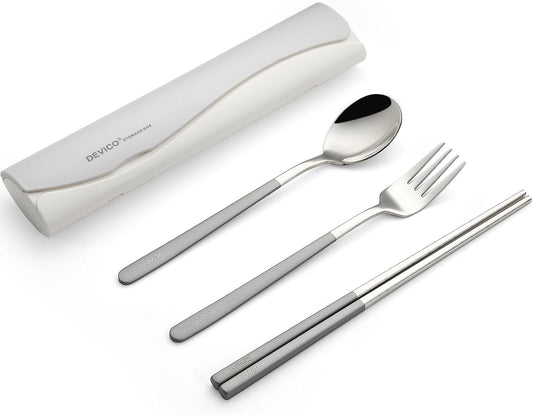 DEVICO Portable Travel Utensils with Case, Reusable Camping Silverware for Lunch, 18/8 Stainless Steel Cutlery Set (Gray)