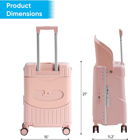 TABU 20" Ride-on Luggage with Seat，Front Opening Carry-On Hardshell Ride On Suitcase with Built-in Charging Port, 360° Lockable Spinner and TSA Lock, for Kids & Adults, Pink