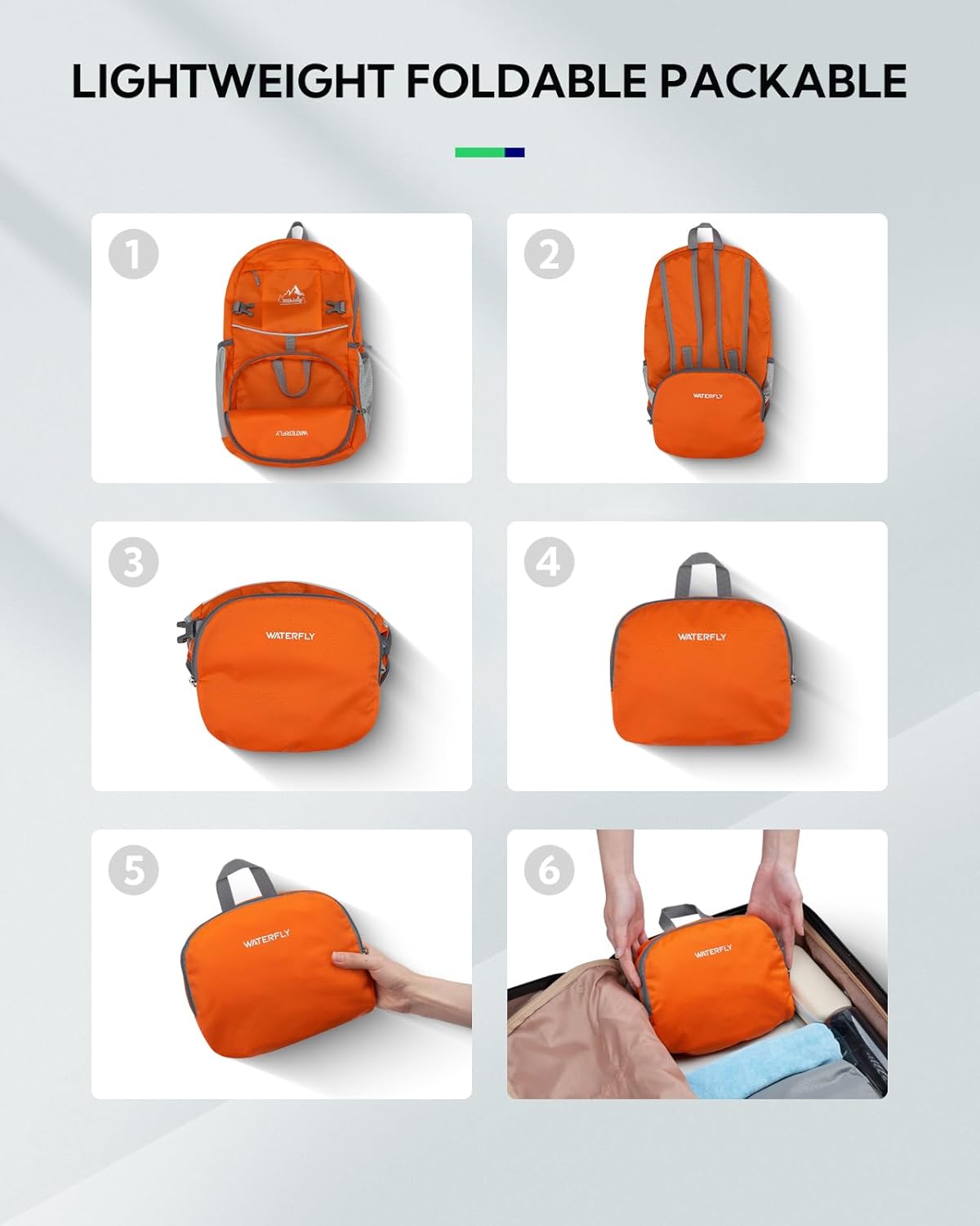 WATERFLY Hiking Foldable Daypack Backpack: 25L Ultra Lightweight Packable Waterproof Outdoor Travel Day Pack for Woman Man