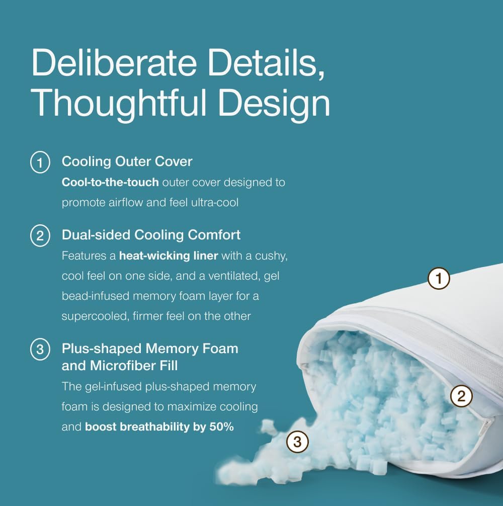 Coop Home Goods Cool+ Crescent Adjustable Pillow, King Size Plus Shaped Memory Foam Pillows with Cooling Gel, Neck Support, Back or Side Sleeper Pillow, CertiPUR US/GREENGUARD Gold