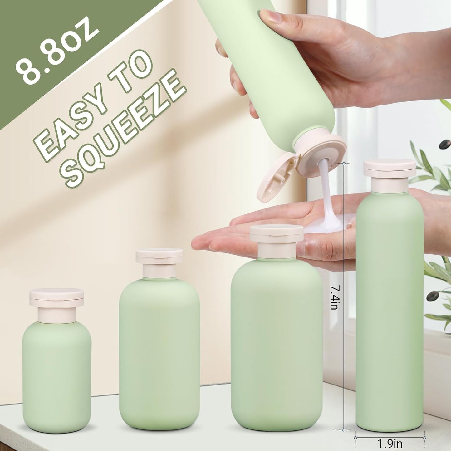 ASEVAT 8.8 oz Plastic Leak Proof Travel Bottles for Toiletries, Plastic Travel Size Containers, Shampoo and Conditioner Bottles Refillable Squeeze Bottle for Lotion, Body Wash (4Pcs)