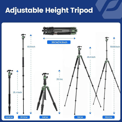 Fotopro 59" Carbon Fiber Travel Tripod, Compact Camera Tripod with Metal Ball Head, Detachable Monopod with Quick Release Plate and Bag, Load up to 8KG/17.63lbs