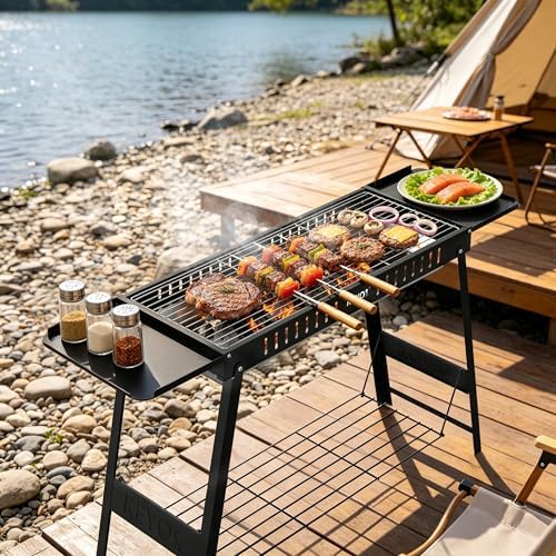 KEYO GRILL Foldable Charcoal Grill, Portable Camping Charcoal Grill with Carry Bag & Side Tables, Compact Folding BBQ Grill for Camping, Tailgating, Beach, Picnic
