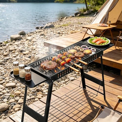 KEYO GRILL Foldable Charcoal Grill, Portable Camping Charcoal Grill with Carry Bag & Side Tables, Compact Folding BBQ Grill for Camping, Tailgating, Beach, Picnic